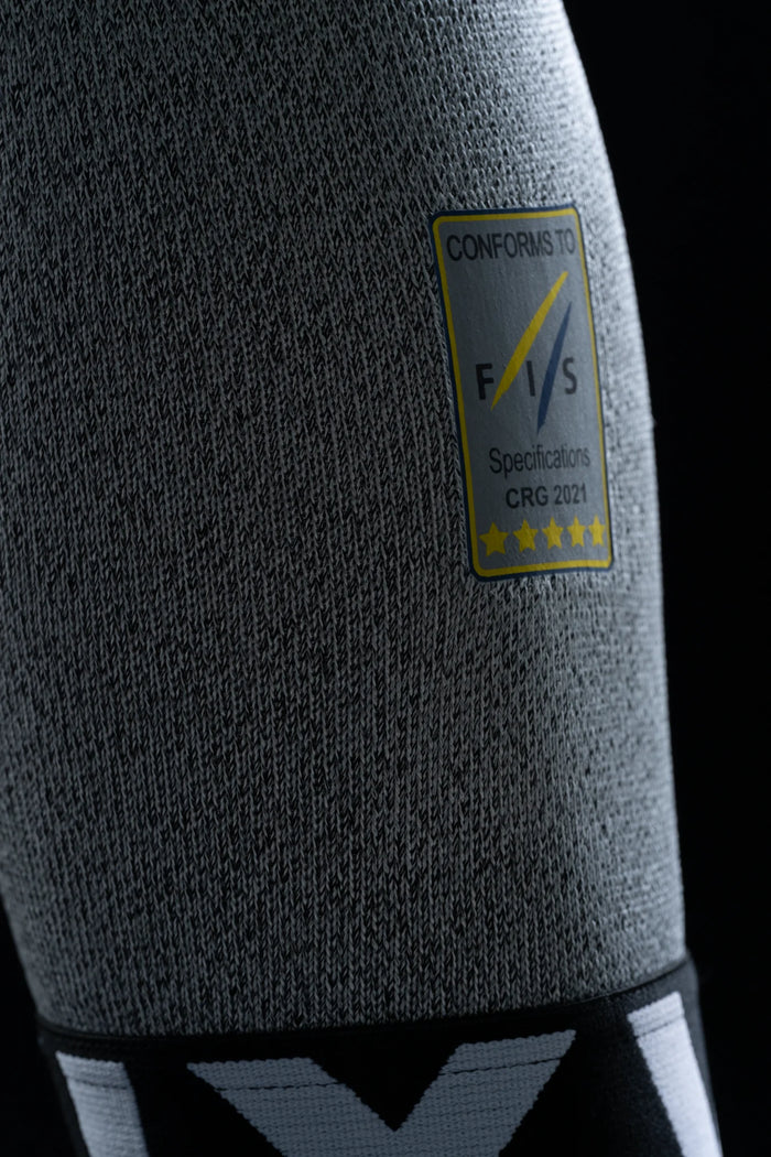 Five-star FIS CRG 2021 conformity label sewn onto a VIX Comfort Pro lower leg